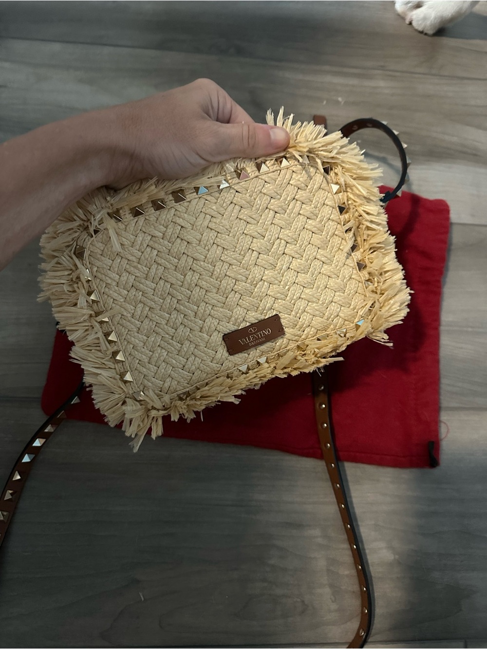 Valentino garavani rockstud raffia Straw Fringe camera Crossbody Bag in Natural